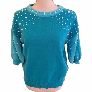 BiBi Teal  Short Puff Sleeve Scoop Neck Sweater with Pearl Details M